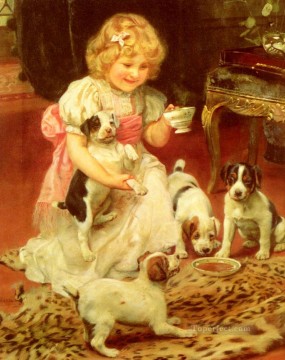 Mascotas y niños Painting - Tea Time niños idílicos Arthur John Elsley pet kids